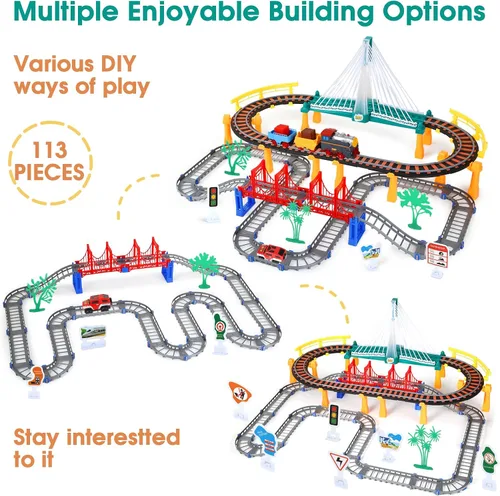 Miniatura 2 de Juego de Pistas de Tren Eléctrico DIY 2 en 1 para Niños de 4-8 Años, Juego de Pistas de Tren y Autos, Puente con Luces y Tren con Sonido, Accesorios