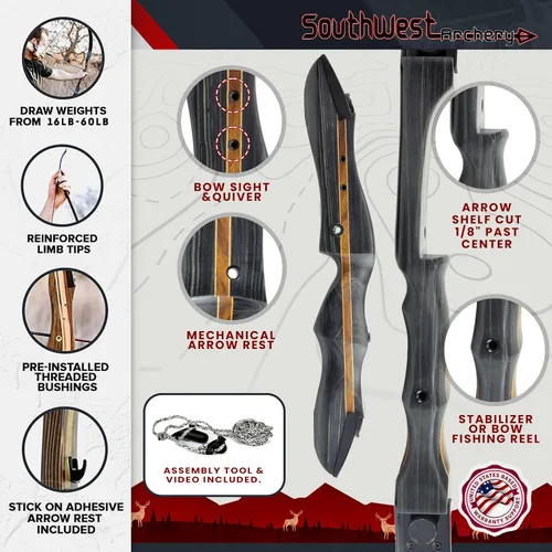Miniatura 5 de Southwest Archery Arco largo Ghost Takedown – Arco de caza de arco largo de 64 pulgadas – Mano derecha e izquierda – Pesos de tracción en 20 – 50