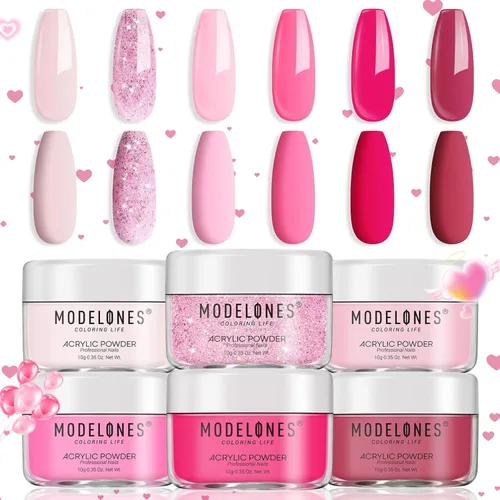 Modelones Polvo acrílico rosa de 6 colores, kit de polvo de uñas acrílico neón con purpurina de verano, polvo de uñas acrílico para el día de San