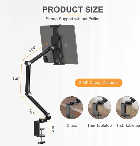 Miniatura 5 de Houele Soporte para Tableta, Brazo Plegable Ajustable para Tableta iPad Soporte de Escritorio con Base Giratoria de 360°, Soporte para Teléfono
