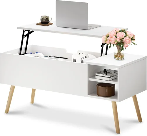 Miniatura 9 de Aline Furniture - Mesa de centro negra con superficie que se levanta y compartimento de almacenamiento oculto, patas de madera maciza y estantes