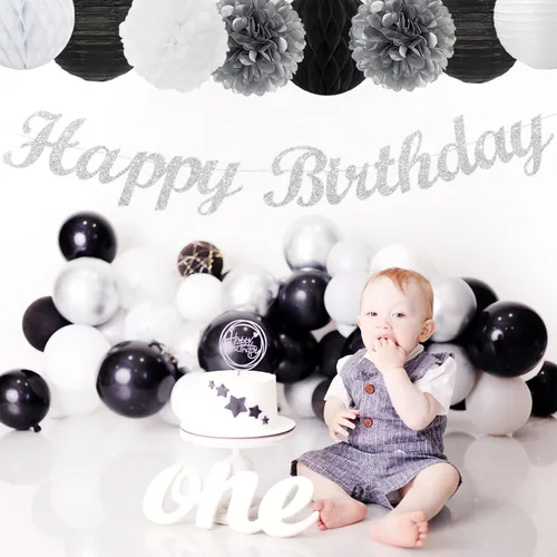 Miniatura 4 de Decoración de fiesta de cumpleaños negro blanco plateado - 21 piezas, pancarta feliz para niños y hombres, banderines de papel, linternas de panal
