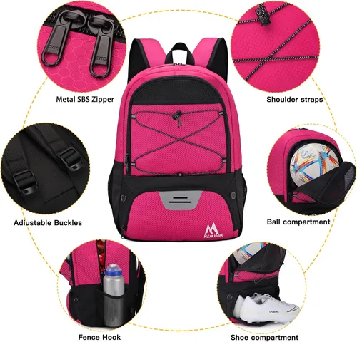 Miniatura 5 de Hsmihair - Bolsa de fútbol - Mochila de fútbol y mochila para fútbol, voleibol y baloncesto, con compartimento para pelota y tacos separados Rosa