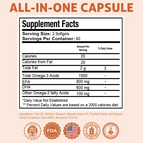 Miniatura 3 de Health Dose Aceite de pescado Omega 3 de 2000 mg – Cápsulas blandas con sabor a limón con EPA 800 mg y DHA 600 mg para apoyo al cerebro, corazón