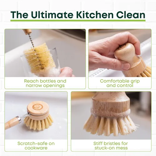 Miniatura 3 de Tieralia Juego de 5 cepillos de bambú para platos, kit de limpieza de cocina ecológico con cepillo para botellas, cepillo largo para platos