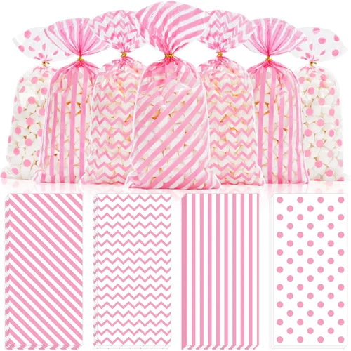 Miniatura 13 de Whaline 160 bolsas de celofán plateado con lazos torcidos, diseño de rayas onduladas, bolsas de plástico para golosinas, bolsa de dulces