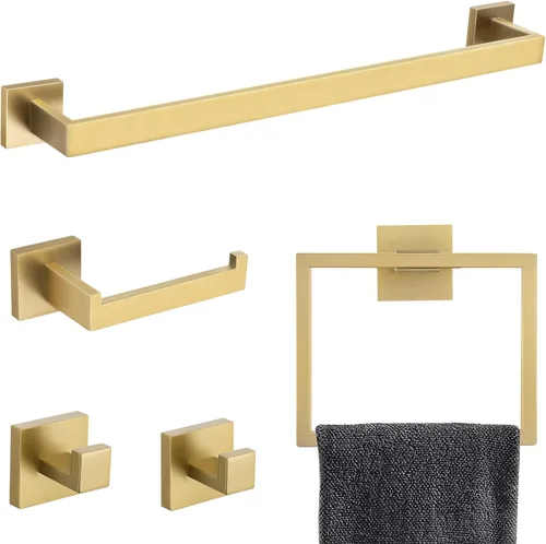 Juego de Barras para Toallas de Oro Cepillado Juego de Herrajes para Baño, Juego de 5 Piezas de Accesorios de Baño Dorados de Acero Inoxidable