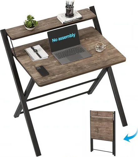 Miniatura 9 de GreenForest Escritorio plegable sin montaje, escritorio compacto de 2 niveles para computadora con estante, mesa plegable que ahorra espacio