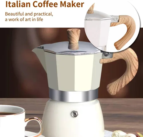 Miniatura 2 de Cafetera italiana con mango de grano de madera, estufa de aluminio, cafetera portátil (5.1 fl oz, blanco)