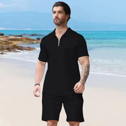 Miniatura 3 de Aulemen Conjunto deportivo de 2 piezas con cremallera para hombre, manga corta, camiseta polo y pantalones cortos, conjuntos de verano para hombre