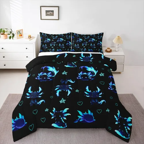 Miniatura 13 de jejeloiu Juego de edredón de dibujos animados para niños, tamaño individual, estampado de gatos, juego de ropa de cama con patrón de hojas, edredón