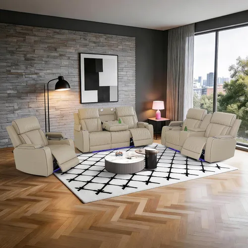 Miniatura 35 de Juego de sofá modular reclinable eléctrico con luz LED, juego de sofá modular reclinable de cuero, incluye sillón reclinable individual, juego