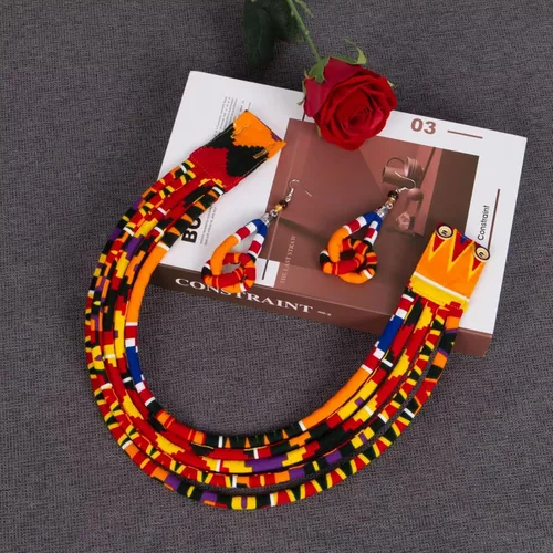 Miniatura 3 de BintaRealWax Conjunto de collar africano y pendientes Ankara con estampado de tela multicapa de cuerda tejida gargantilla en capas