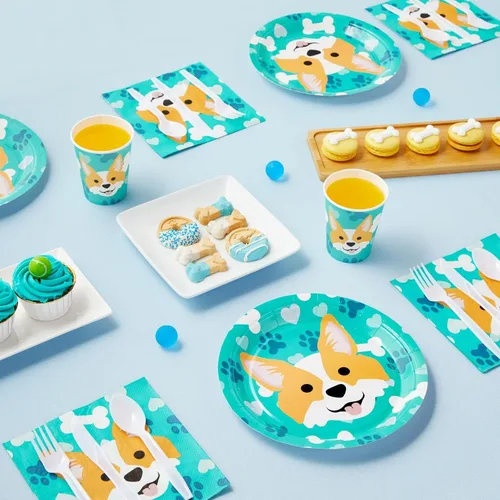 Miniatura 3 de 144 piezas Corgi suministros para fiestas, decoraciones de cumpleaños de perro con platos de papel, servilletas, tazas y cubiertos (sirve 24)