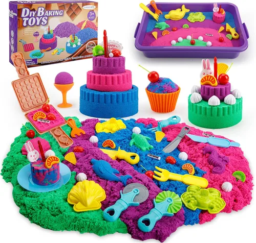 YIDESTARS Kit de juego sensorial: juguete de arte de arena y helado, 4 libras de arena colorida, moldes, herramientas, caja de arena con tapa,