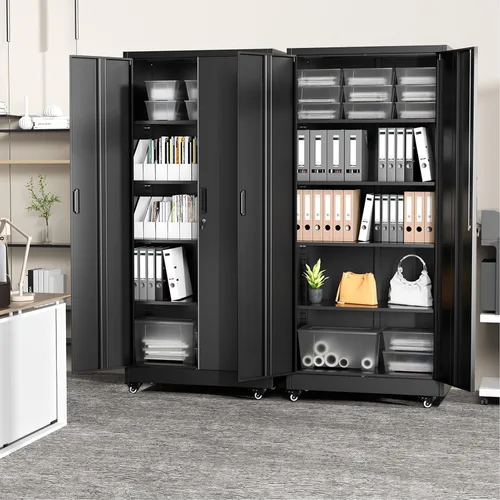 Miniatura 7 de Greenvelly Armario de almacenamiento de metal de 73 pulgadas con ruedas, gabinete de metal negro con cerradura con 2 puertas y 4 estantes
