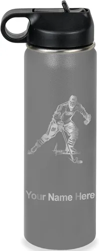 Miniatura 20 de LaserGram Botella de agua personalizada, jugador de hockey, acero inoxidable de doble pared aislada al vacío con popote superior, regalo grabado