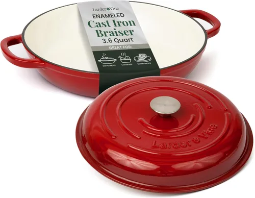 Miniatura 10 de Larder & Vine Brasera de Hierro Fundido Esmaltado Brasera de 3.6 qt con Tapa Horno Holandés Poco Profundo Compatible con Todas las Cocinas