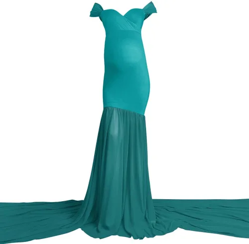 Miniatura 5 de Vestido de maternidad para mujer para fotografía, sirena con hombros descubiertos, ajustado, vestido de gasa, holgado, para baby shower, maxi