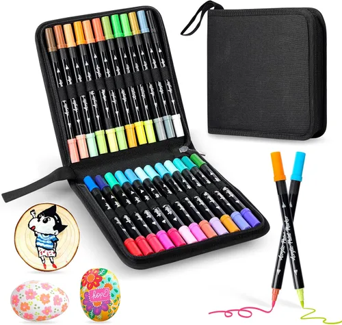 Marcadores de pintura acrílica de 48 colores, 24 bolígrafos de doble punta (2 colores por marcador), suministros de arte impermeables para lienzo,