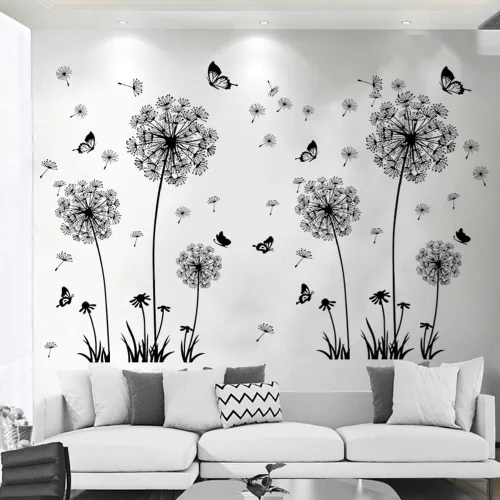 Miniatura 2 de Calcomanías creativas de pared de flor de diente de león, mariposa voladora, decoración del hogar para sala de estar, dormitorio, decoración