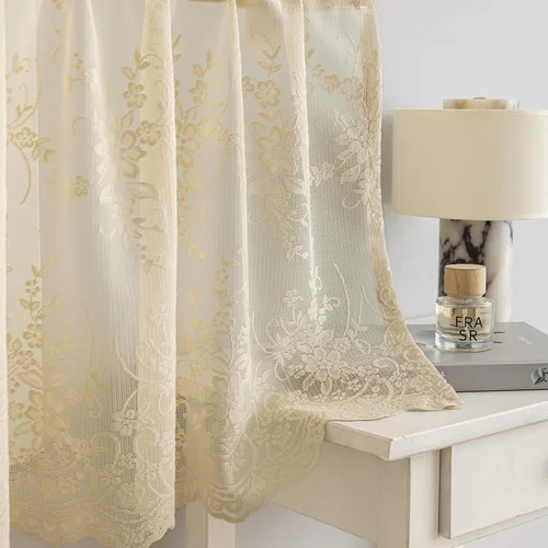 Miniatura 3 de Kotile - Cenefa de encaje beige para ventanas de estilo rústico campestre con diseño floral de vid, fondo ondulado, cenefa transparente de encaje