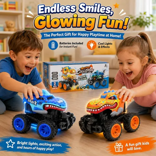 Miniatura 6 de Paquete de 2 camiones monstruos explosivos para niños de 4 a 7 años, dinosaurios y tiburones, autos de juguete con música, regalos de cumpleaños