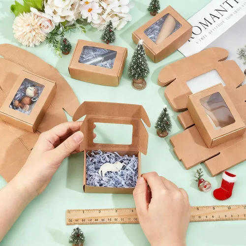 Miniatura 3 de BENECREAT Paquete de 30 cajas rectangulares de papel kraft marrón de 3.3 x 2.3 x 1 pulgadas con ventana transparente para regalos de boda, fiesta