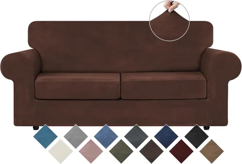 Miniatura 20 de WEERRW 4 Piezas Fundas de Terciopelo de Alta Elasticidad para Sofá de 3 Cojines Fundas de Sofá, Protector de Muebles Lavable con Parte Inferior