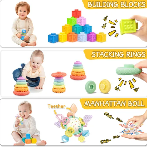 Miniatura 6 de Juguetes 6 en 1 para bebés de 6 a 12 meses, juguetes para bebés de 6 a 12 meses, incluye 12 bloques apilables suaves, cuerda de silicona y bola