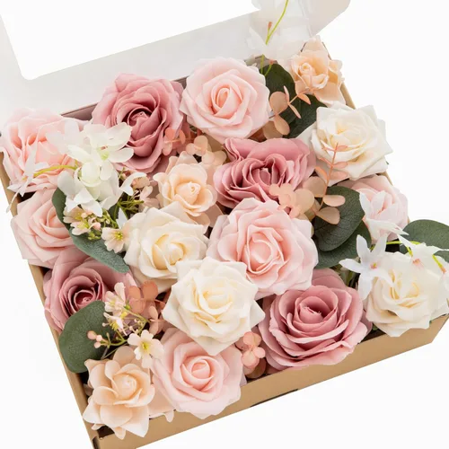 Miniatura 29 de Ling's moment Caja de Flores Falsas, Tallos de Vegetación Artificial Falsa, Rosas de Espuma, Gardenias, Hortensias de Seda, Ranúnculos, Flor de Tela