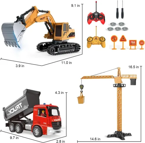 Miniatura 7 de Juego de juguetes de excavadora y camión volquete a control remoto – Excavadora RC y camión volquete con luces y sonidos – Coche excavador