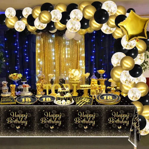 Miniatura 3 de Decoraciones de 18 cumpleaños para niños y niñas - 81 piezas de platos, servilletas, mantel, tenedores, decoración de fiesta negra y dorada, sirve