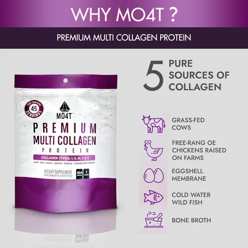Miniatura 6 de MO4T - Polvo hidrolizado de colágeno múltiple - Proteína de colágeno, péptidos de colágeno tipo 1,2,3,5,10, sin azúcar, (1 libra) cabello, piel