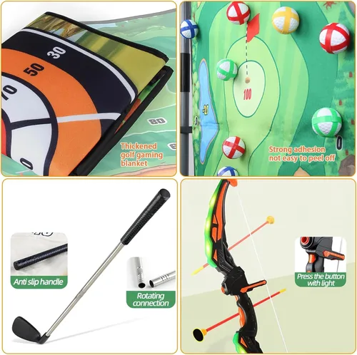 Miniatura 5 de Juego de astillado de golf, 5 en 1, portátil, juego de golf de doble cara con soporte, con bolas adhesivas, tiro con arco, hacha y dardo, juguetes