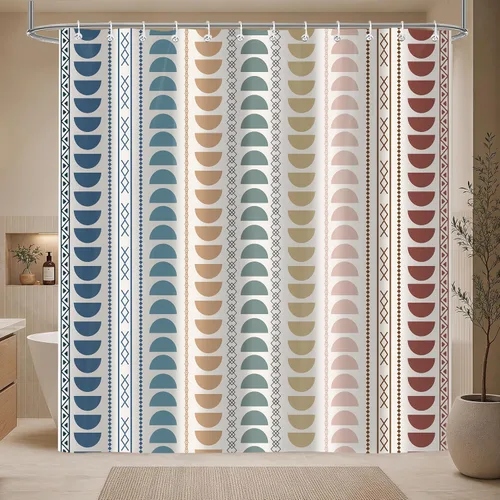 Miniatura 10 de Cortina de ducha de mediados de siglo, juego de cortinas de ducha bohemias y modernas a cuadros para decoración de baño, tela impermeable con 12