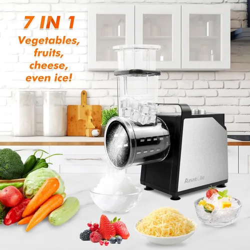 Miniatura 2 de Rallador Eléctrico de Queso Anatole de 7 Cuchillas, Rectificador de Hielo de Acero Inoxidable, Triturador de Vegetales de 250W, Libre de BPA, 110V