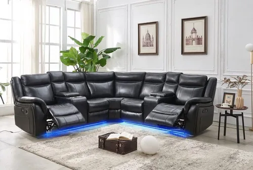Juego de sofá seccional reclinable manual con tiras LED, sofá esquinero reclinable de piel sintética de primera calidad con consola y portavasos