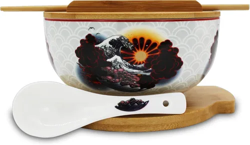 Miniatura 12 de XWORLD Juego de cuencos de cerámica japonesa para fideos ramen con cuchara de cerámica, palillos de bambú, tapa y salvamanteles, capacidad
