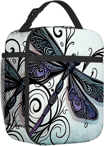 Miniatura 9 de OOZ Lonchera aislada para mujeres y hombres, linda libélula en negro y morado, reutilizable, a prueba de fugas, para adultos, oficina, almuerzo