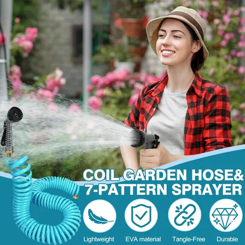 Miniatura 5 de Manguera de jardín enrollada ligera de 25 pies 3/8" EVA flexible con 7 boquillas multifunción y conectores de latón para riego de jardín, plantas
