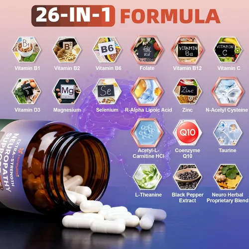 Miniatura 2 de Suplementos de neuropatía de ácido alfa lipoico – con 600 mg de ácido R-alfa lipoico, NAC, ALC, vitamina activa B12 B1 B2 B6, magnesio