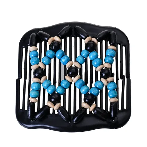 Miniatura 2 de Lovef Magic Wood Beads - Clip de peine doble para el cabello, accesorios elásticos para el cabello para mujer (azul, beige, rosa, rojo, morado)