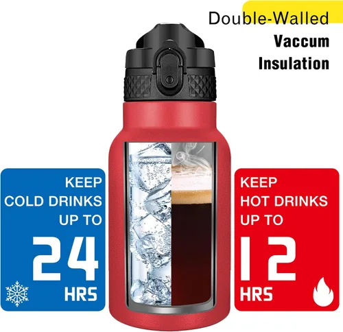 Miniatura 6 de Han's Bottle Botella de agua para niños con tapa con pajilla, vaso reutilizable de acero inoxidable aislado para niñas, niños, taza térmica, 12 Rojo