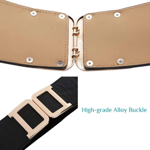 Miniatura 3 de CB - Cinturón elástico ancho para mujer, cintura alta, cuero auténtico, hebilla de color liso dorado