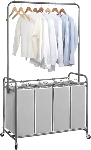 STORAGE MANIAC Clasificador de ropa sucia con barra para colgar, portátil, extraíble con ruedas enrollables resistentes y bolsas extraíbles,