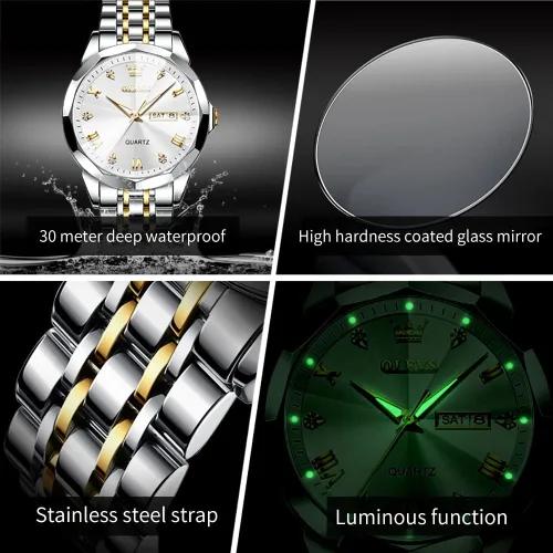 Miniatura 6 de OLEVS Juego de 2 relojes de cuarzo para parejas de San Valentín, calendario luminoso, ventana de fecha, 3 ATM, impermeable, casual, acero