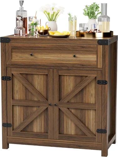 JUMMICO Gabinete de barra de café, aparador de cocina de granja, gabinete de buffet con cajón y estante ajustable para puerta de granero de Marrón