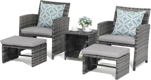 OC Orange-Casual Juego de muebles de patio de 5 piezas, silla de conversación de mimbre para exteriores y juego de otomana con mesa de café, Gris
