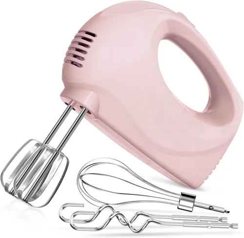 Mezclador de mano eléctrico de mano – Mezclador de cocina portátil de 5 velocidades eléctrico con 5 accesorios de acero inoxidable, batidor de Rosa